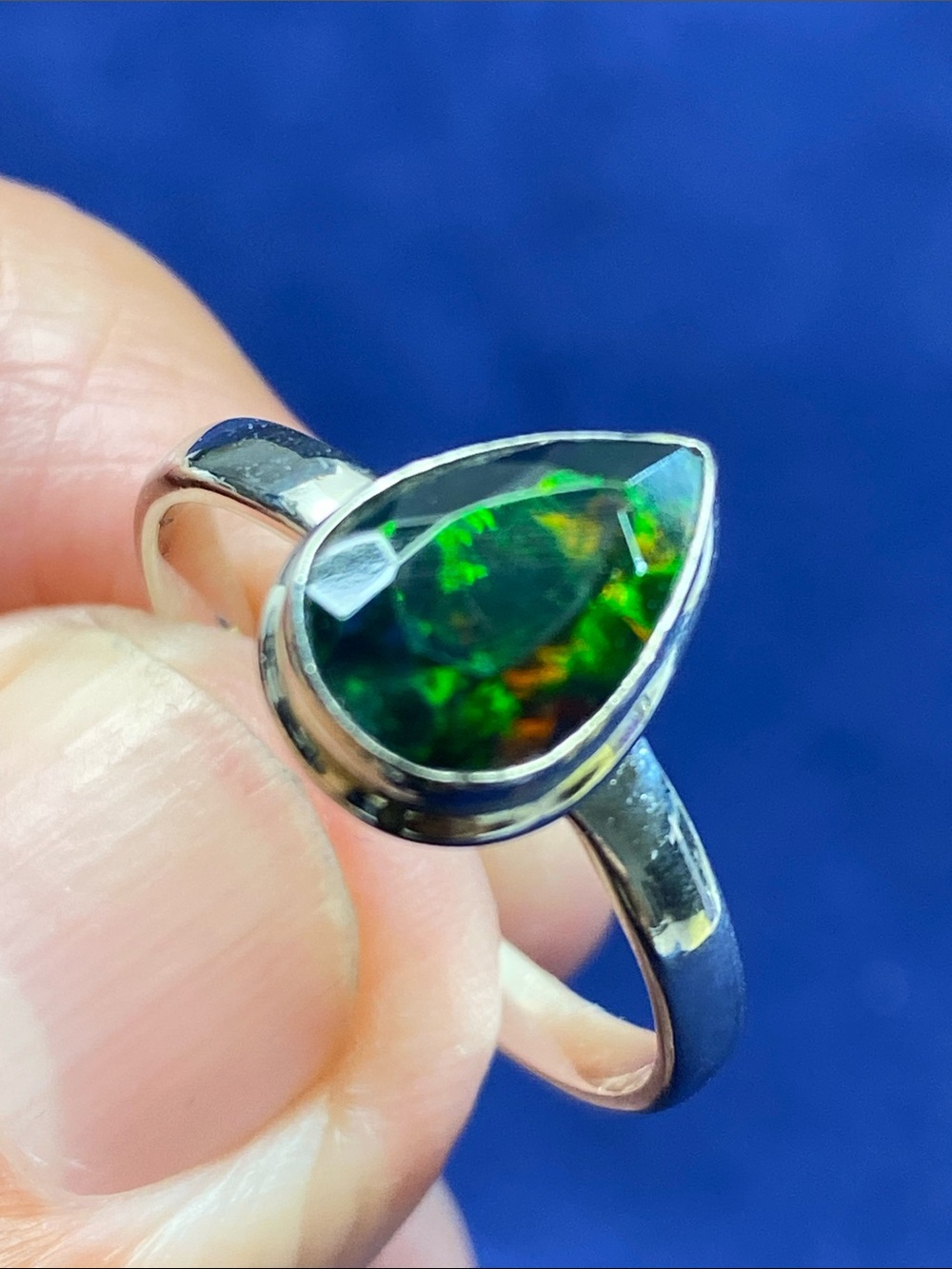 Sterling Silver Teardrop Black Opal Ring - Faceted Size 9